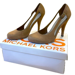 Sz 8 Michael Kors Tisbury Nubuck Suede Shoes‎ Heels in Tan w Side Cut Outs Pumps